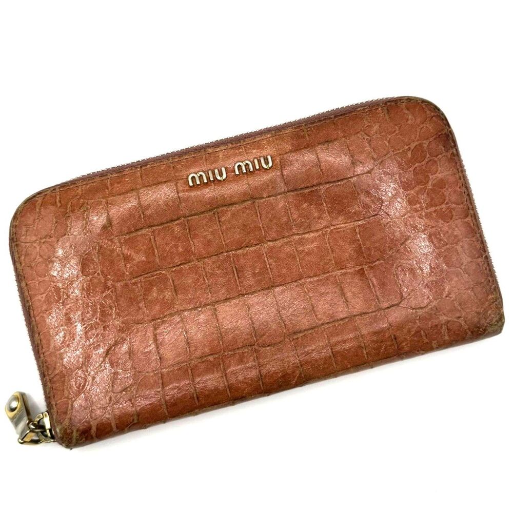 Miu Miu Vintage Croc Embossed Zip Around Leather Wallet Brown Authentic